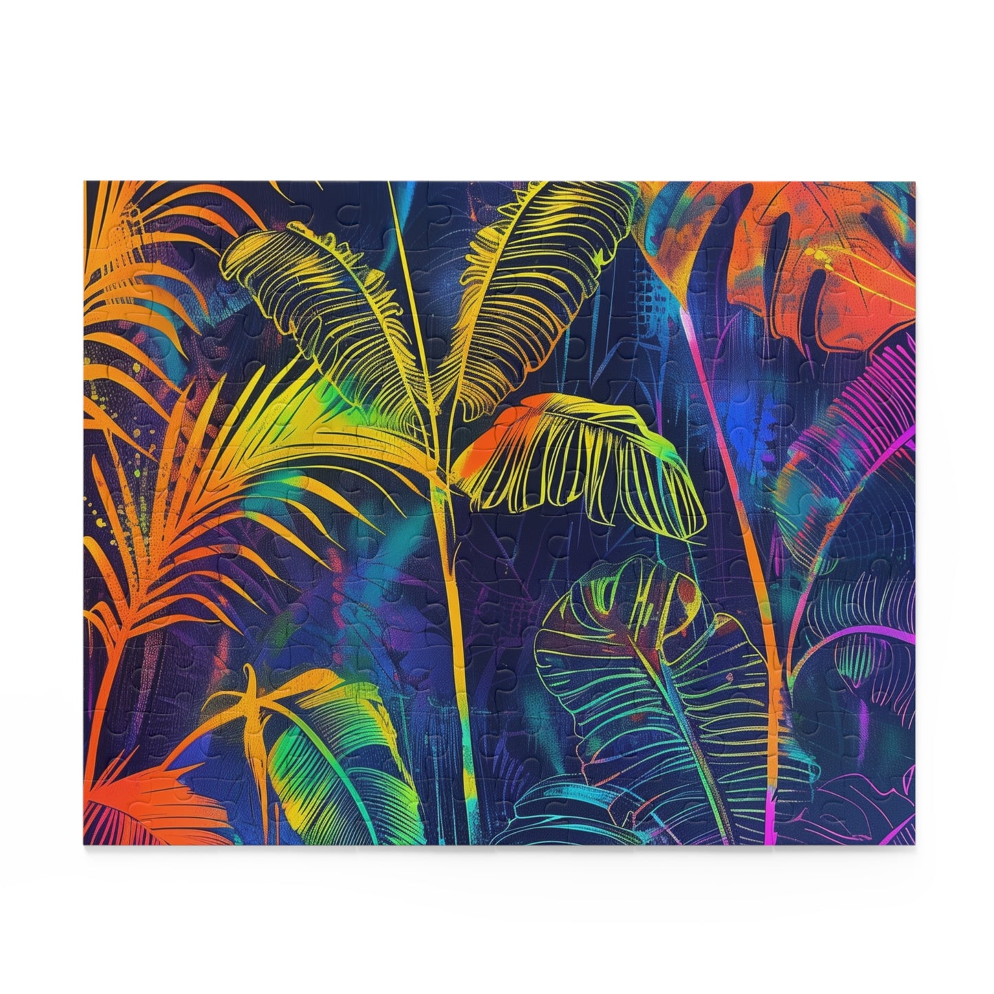 Neon Tropical Paradise jigsaw puzzle with lush leaves and palm trees, vibrant colors