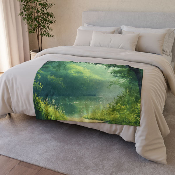 A Calm Serene Scene of Nature Inviting Relaxation P — 50×60 Plush Throw Blanket — Draped Over Sofa & Bed Lifestyle View