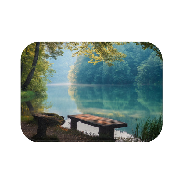 A Calm Serene Scene of Nature Inviting Relaxation P — 61×43 Memory Foam Bath Mat — Top-Down Velvet Microfibre Artwork View