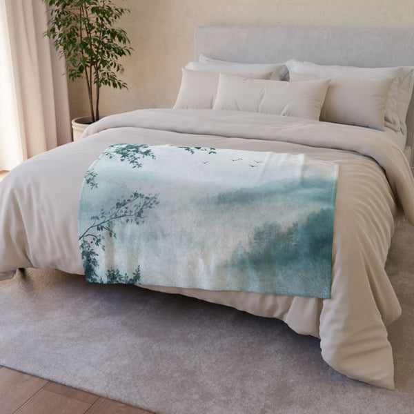 A Calm Serene Scene of Nature Inviting Relaxation P — 50×60 Plush Throw Blanket — Draped Over Sofa & Bed Lifestyle View