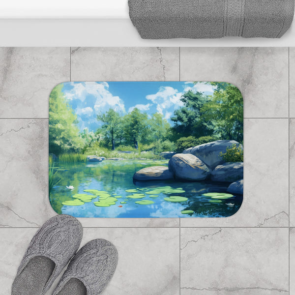 A Calm Serene Scene of Nature Inviting Relaxation P — 61×43 Memory Foam Bath Mat — Modern Bathroom Floor Lifestyle View