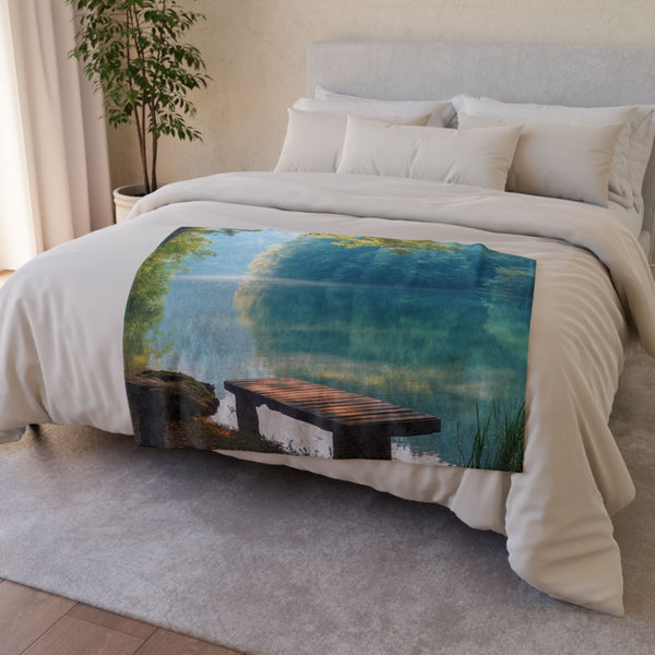 A Calm Serene Scene of Nature Inviting Relaxation P — 50×60 Plush Throw Blanket — Draped Over Sofa & Bed Lifestyle View