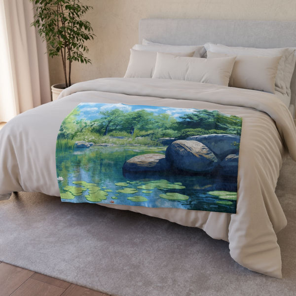 A Calm Serene Scene of Nature Inviting Relaxation P — 50×60 Plush Throw Blanket — Draped Over Sofa & Bed Lifestyle View