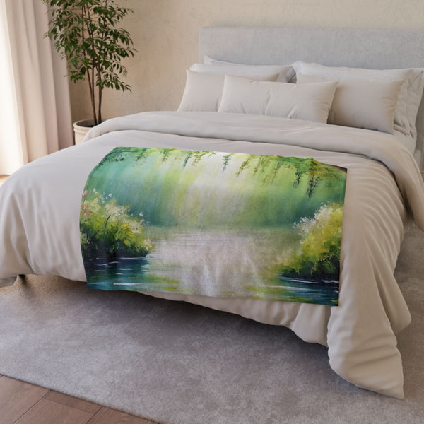 A Calm Serene Scene of Nature Inviting Relaxation P — 50×60 Plush Throw Blanket — Draped Over Sofa & Bed Lifestyle View