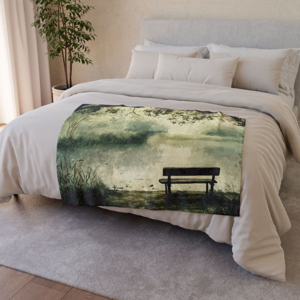 A Calm Serene Scene of Nature Inviting Relaxation P — 50×60 Plush Throw Blanket — Draped Over Sofa & Bed Lifestyle View