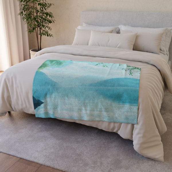 A Calm Serene Scene of Nature Inviting Relaxation P — 50×60 Plush Throw Blanket — Draped Over Sofa & Bed Lifestyle View