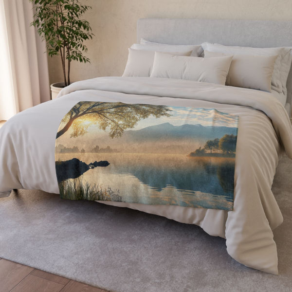 A Calm Serene Scene of Nature Inviting Relaxation P — 50×60 Plush Throw Blanket — Draped Over Sofa & Bed Lifestyle View