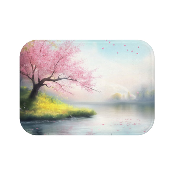 A Calm Serene Scene of Nature Inviting Relaxation P — 61×43 Memory Foam Bath Mat — Top-Down Velvet Microfibre Artwork View