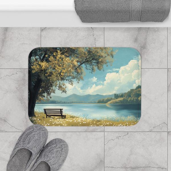 A Calm Serene Scene of Nature Inviting Relaxation P — 61×43 Memory Foam Bath Mat — Modern Bathroom Floor Lifestyle View