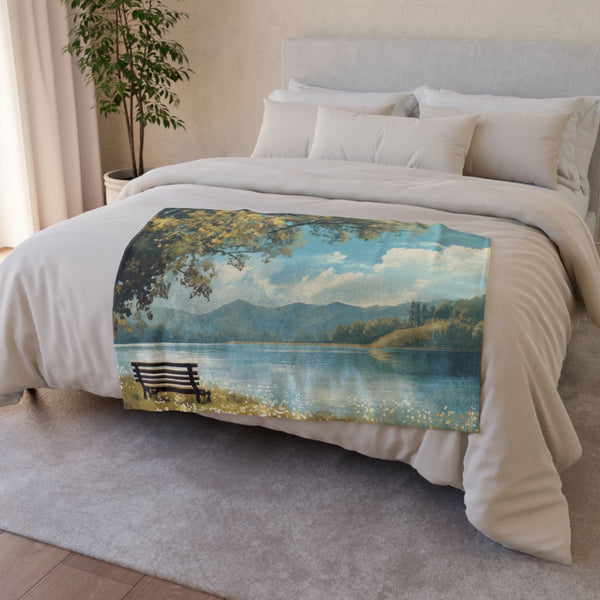 A Calm Serene Scene of Nature Inviting Relaxation P — 50×60 Plush Throw Blanket — Draped Over Sofa & Bed Lifestyle View