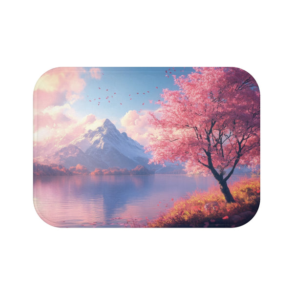 A Calm Serene Scene of Nature Inviting Relaxation P — 61×43 Memory Foam Bath Mat — Top-Down Velvet Microfibre Artwork View