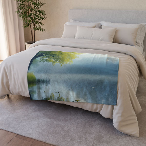 A Calm Serene Scene of Nature Inviting Relaxation P — 50×60 Plush Throw Blanket — Draped Over Sofa & Bed Lifestyle View