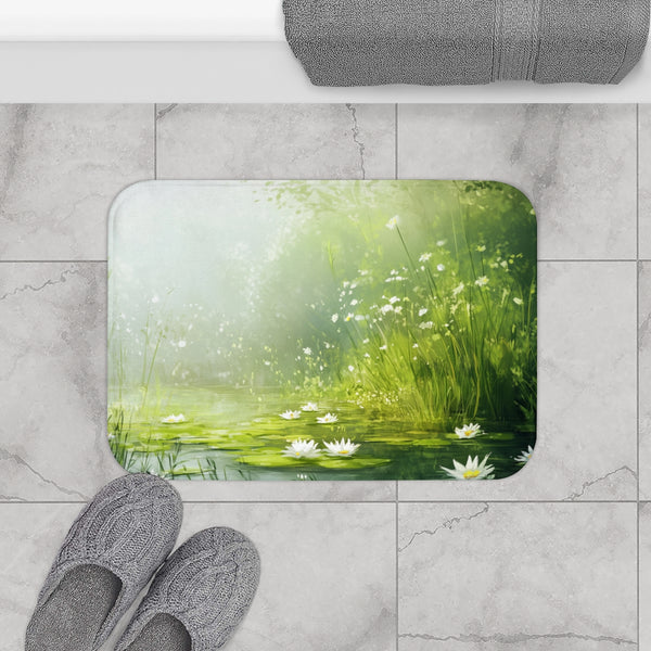 A Calm Serene Scene of Nature Inviting Relaxation P — 61×43 Memory Foam Bath Mat — Modern Bathroom Floor Lifestyle View