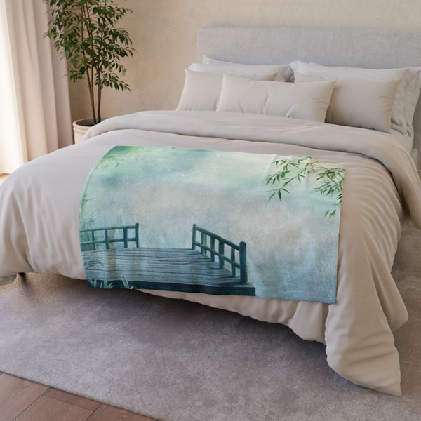 A Calm Serene Scene of Nature Inviting Relaxation P — 50×60 Plush Throw Blanket — Draped Over Sofa & Bed Lifestyle View