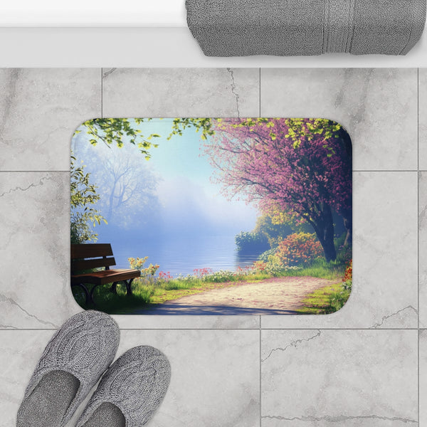 A Calm Serene Scene of Nature Inviting Relaxation P — 61×43 Memory Foam Bath Mat — Modern Bathroom Floor Lifestyle View