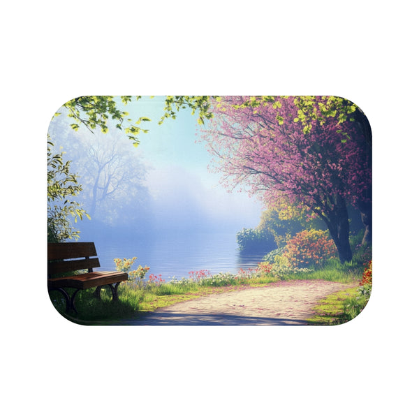A Calm Serene Scene of Nature Inviting Relaxation P — 61×43 Memory Foam Bath Mat — Top-Down Velvet Microfibre Artwork View