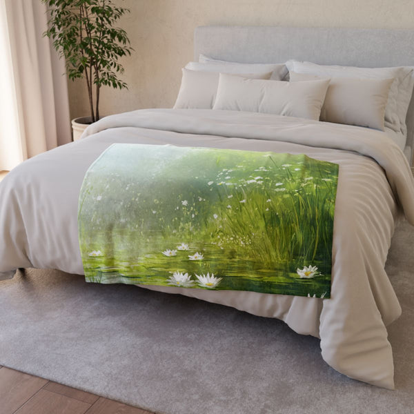 A Calm Serene Scene of Nature Inviting Relaxation P — 50×60 Plush Throw Blanket — Draped Over Sofa & Bed Lifestyle View