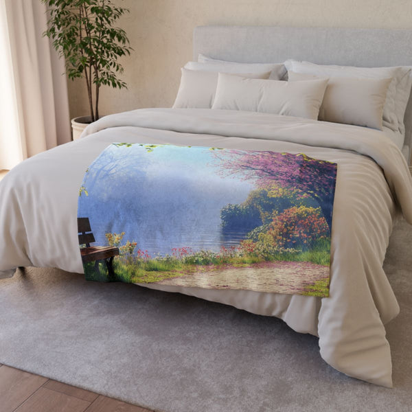 A Calm Serene Scene of Nature Inviting Relaxation P — 50×60 Plush Throw Blanket — Draped Over Sofa & Bed Lifestyle View