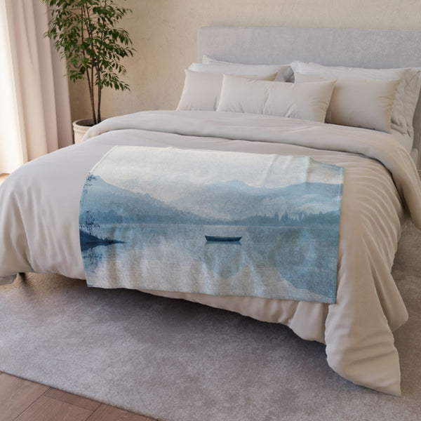A Calm Serene Scene of Nature Inviting Relaxation P — 50×60 Plush Throw Blanket — Draped Over Sofa & Bed Lifestyle View