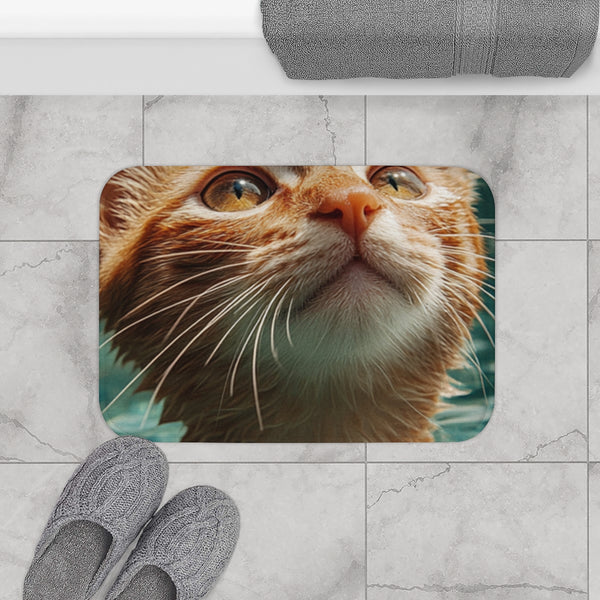 A Cat Swiming in Clear Sea Water — 61×43 Memory Foam Bath Mat — Modern Bathroom Floor Lifestyle View