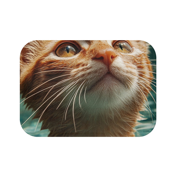 A Cat Swiming in Clear Sea Water — 61×43 Memory Foam Bath Mat — Top-Down Velvet Microfibre Artwork View