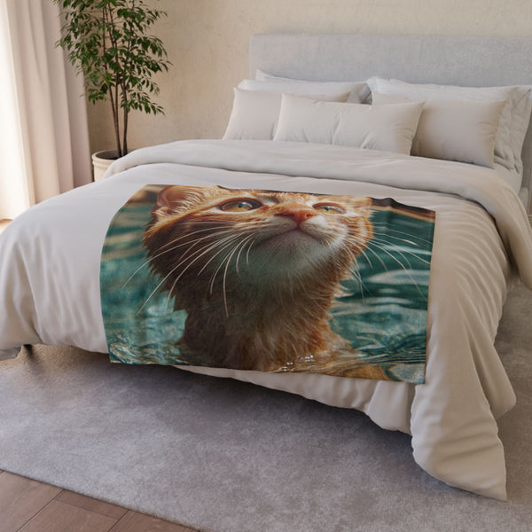 A Cat Swiming in Clear Sea Water — 50×60 Plush Throw Blanket — Draped Over Sofa & Bed Lifestyle View