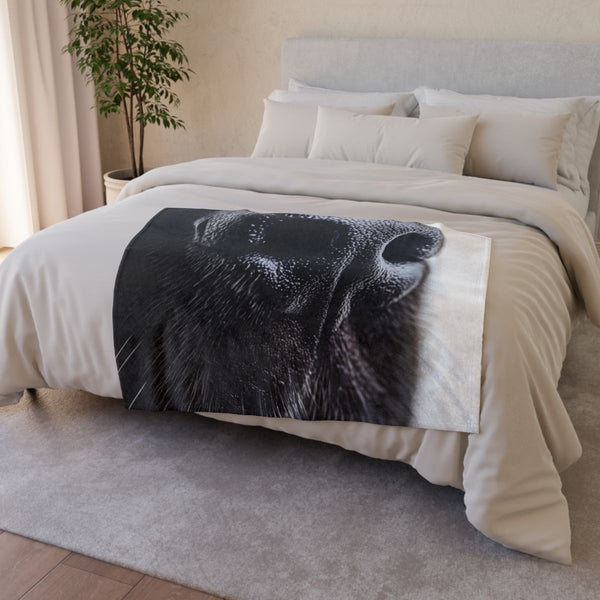A Close Up of a Black Dogs Nose. Pure White Backgroun — 50×60 Plush Throw Blanket — Draped Over Sofa & Bed Lifestyle View
