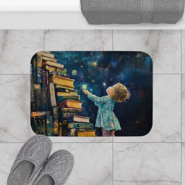 A Curious Child Reaching for the Stars with Books A — 61×43 Memory Foam Bath Mat — Modern Bathroom Floor Lifestyle View