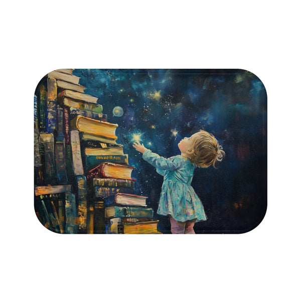 A Curious Child Reaching for the Stars with Books A — 61×43 Memory Foam Bath Mat — Top-Down Velvet Microfibre Artwork View