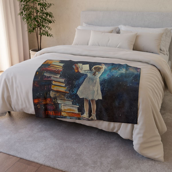 A Curious Child Reaching for the Stars with Books A — 50×60 Plush Throw Blanket — Draped Over Sofa & Bed Lifestyle View