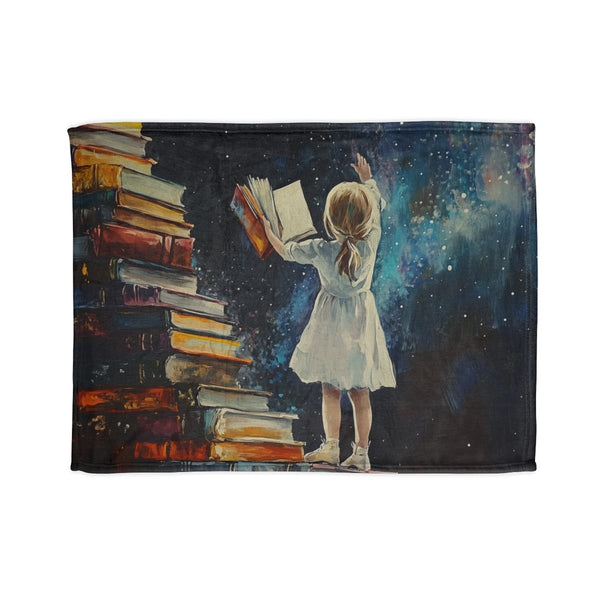 A Curious Child Reaching for the Stars with Books A — 50×60 Plush Throw Blanket — Full Spread Plush Fleece Artwork View