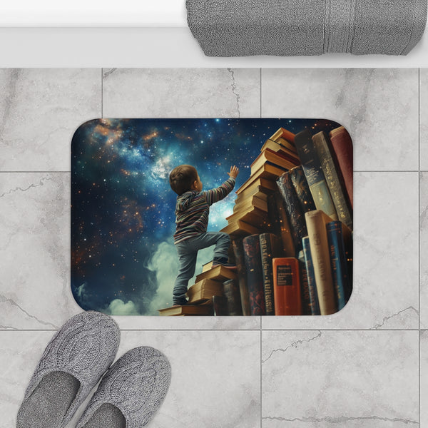 A Curious Child Reaching for the Stars with Books A — 61×43 Memory Foam Bath Mat — Modern Bathroom Floor Lifestyle View