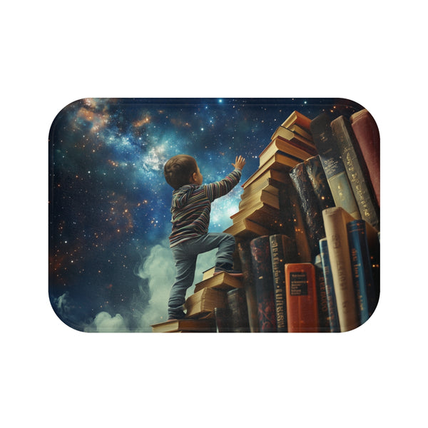 A Curious Child Reaching for the Stars with Books A — 61×43 Memory Foam Bath Mat — Top-Down Velvet Microfibre Artwork View