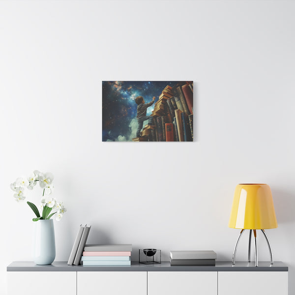 A Curious Child Reaching for the Stars with Books A (Edition III) — 24×16 Canvas Wall Art — Living Room Wall Lifestyle View