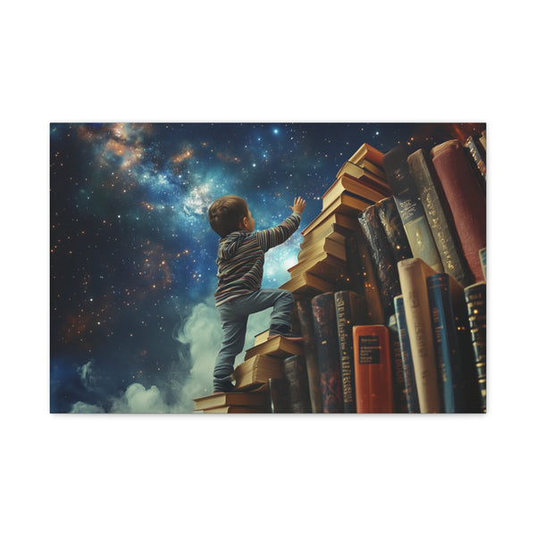 A Curious Child Reaching for the Stars with Books A (Edition III) — 24×16 Canvas Wall Art — Front Gallery-Wrapped Canvas View
