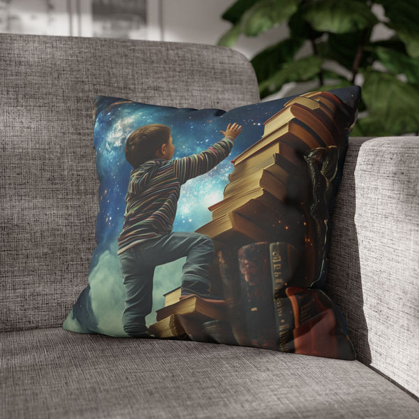 A Curious Child Reaching for the Stars with Books A — 40×40 Cushion Cover — Sofa & Armchair Living Room Lifestyle View