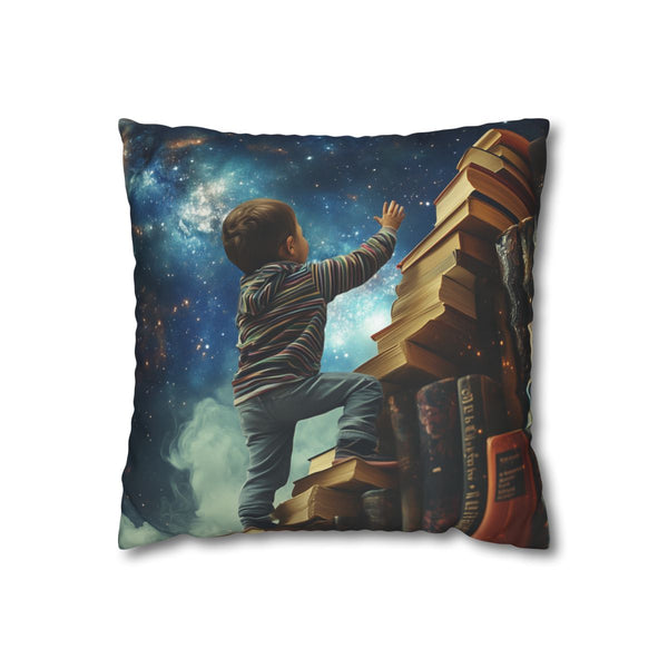 A Curious Child Reaching for the Stars with Books A (Edition IV) — 40×40 Cushion Cover — Front 40×40 cm Square Cushion View