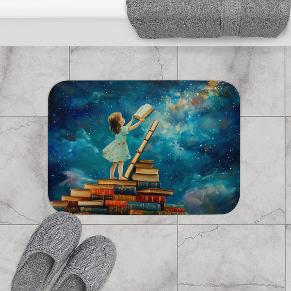 A Curious Child Reaching for the Stars with Books A — 61×43 Memory Foam Bath Mat — Modern Bathroom Floor Lifestyle View