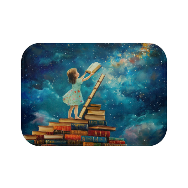 A Curious Child Reaching for the Stars with Books A — 61×43 Memory Foam Bath Mat — Top-Down Velvet Microfibre Artwork View
