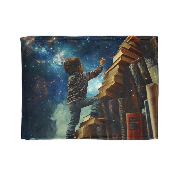 A Curious Child Reaching for the Stars with Books A — 50×60 Plush Throw Blanket — Full Spread Plush Fleece Artwork View