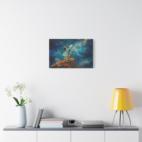 A Curious Child Reaching for the Stars with Books a (Edition IV) — Stretched Canvas Wall Art — Living Room Wall Lifestyle View