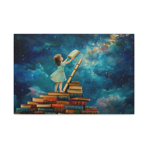A Curious Child Reaching for the Stars with Books a (Edition IV) — 24×16 Canvas Wall Art — Front Gallery-Wrapped Canvas View