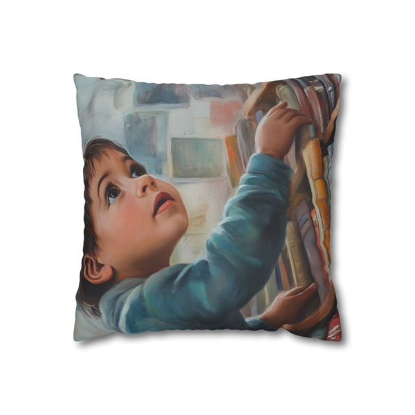 A Curious Child Reaching for the Stars with Books A (Edition IX) — 40×40 Cushion Cover — Front 40×40 cm Square Cushion View