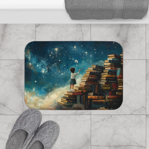 A Curious Child Reaching for the Stars with Books A — 61×43 Memory Foam Bath Mat — Modern Bathroom Floor Lifestyle View