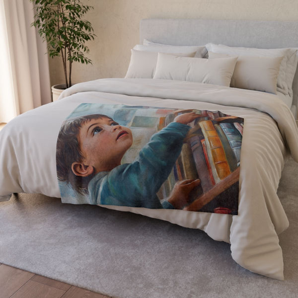 A Curious Child Reaching for the Stars with Books A — 50×60 Plush Throw Blanket — Draped Over Sofa & Bed Lifestyle View
