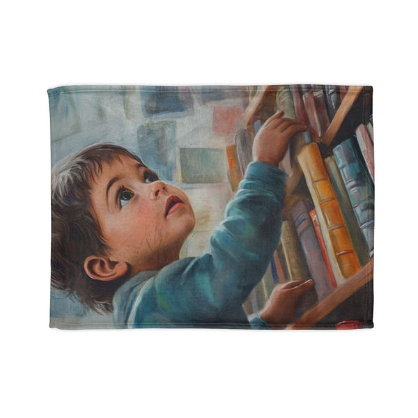 A Curious Child Reaching for the Stars with Books A — 50×60 Plush Throw Blanket — Full Spread Plush Fleece Artwork View