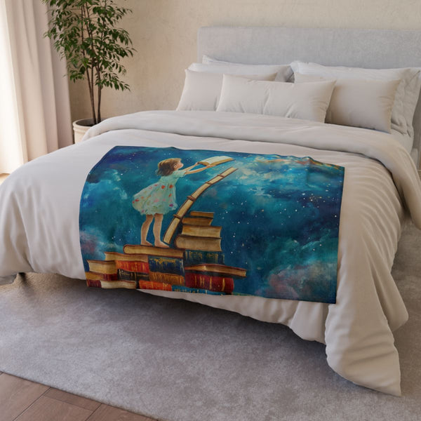 A Curious Child Reaching for the Stars with Books A — 50×60 Plush Throw Blanket — Draped Over Sofa & Bed Lifestyle View
