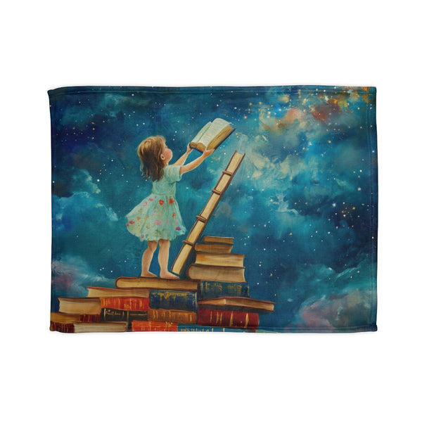 A Curious Child Reaching for the Stars with Books A — 50×60 Plush Throw Blanket — Full Spread Plush Fleece Artwork View