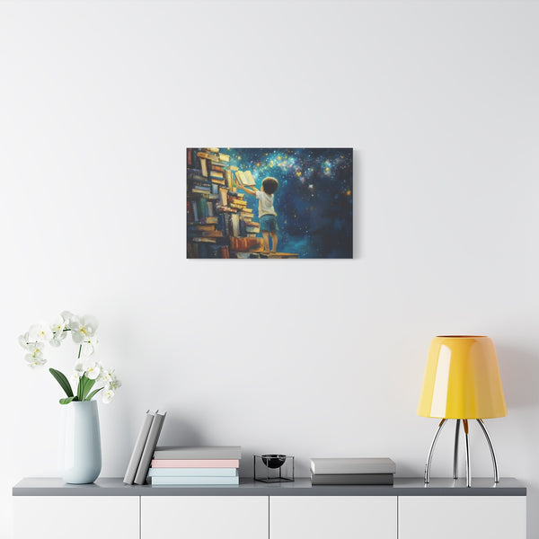A Curious Child Reaching for the Stars with Books A (Edition V) — 24×16 Canvas Wall Art — Living Room Wall Lifestyle View
