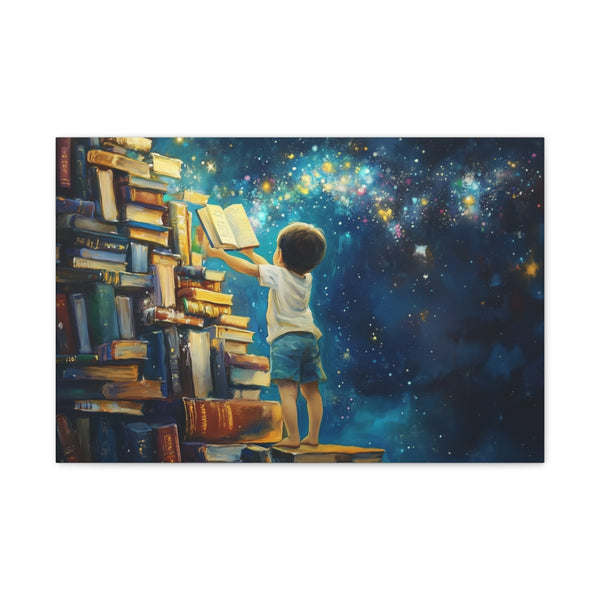A Curious Child Reaching for the Stars with Books A (Edition V) — 24×16 Canvas Wall Art — Front Gallery-Wrapped Canvas View